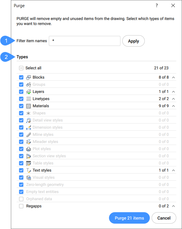 PURGE command BricsCAD Bricsys Help Center