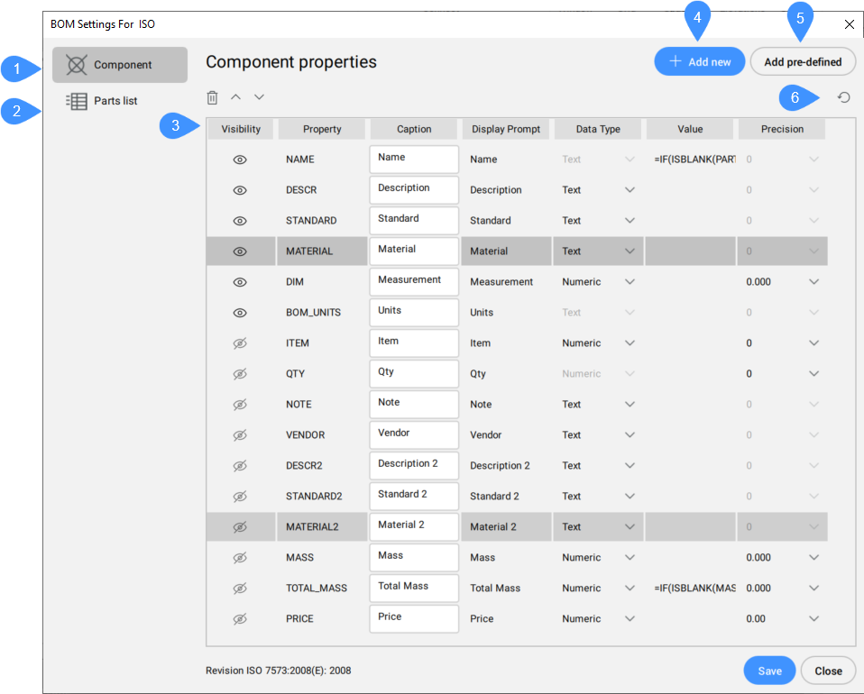 Bom Settings Dialog Box Bricscad Mechanical Bricsys Help Center